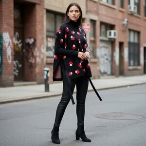 Fantastica Art Vest Red Mushroom Print Mock Neck Side Tie Top Sz Large NWT